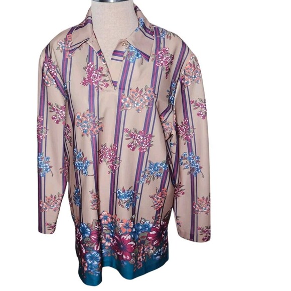Vintage Vera Neumann Tunic Size 18 Striped Floral Tan Long Sleeves Polyester - Picture 1 of 8